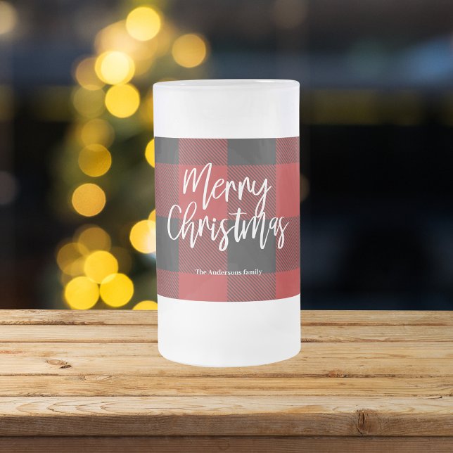 Red Buffalo Plaid & Merry Christmas |Personal Name Frosted Glass Beer Mug (Creator Uploaded)
