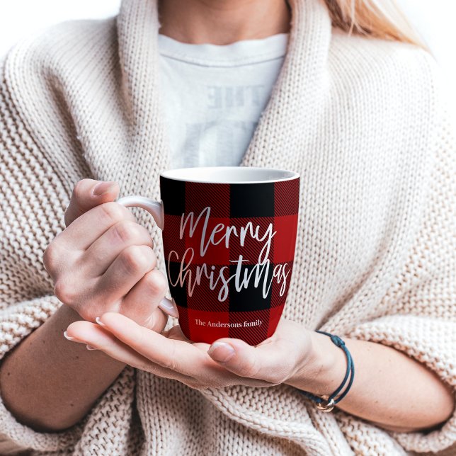 Red Buffalo Plaid & Merry Christmas |Personal Name Latte Mug (Creator Uploaded)