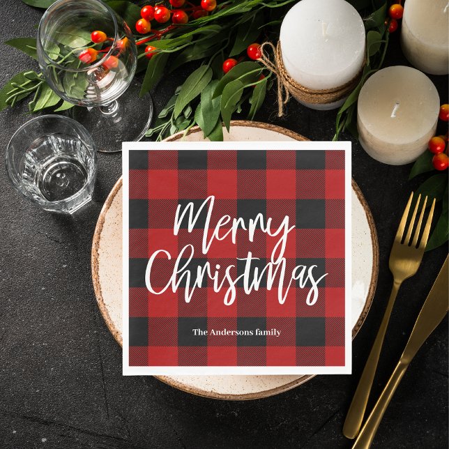 Red Buffalo Plaid & Merry Christmas |Personal Name Napkin (Creator Uploaded)