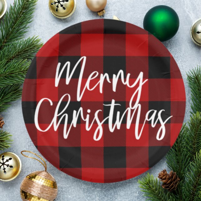 Red Buffalo Plaid & Merry Christmas|Personal Name  Paper Plate (Creator Uploaded)