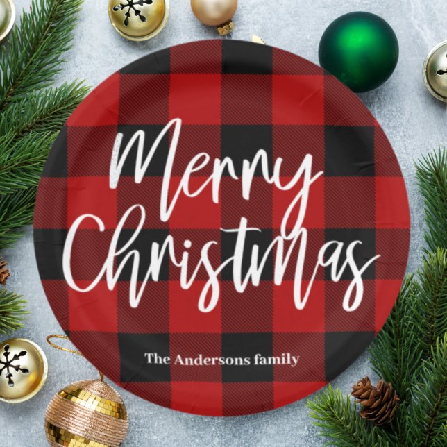 Red Buffalo Plaid & Merry Christmas |Personal Name Paper Plate (Creator Uploaded)