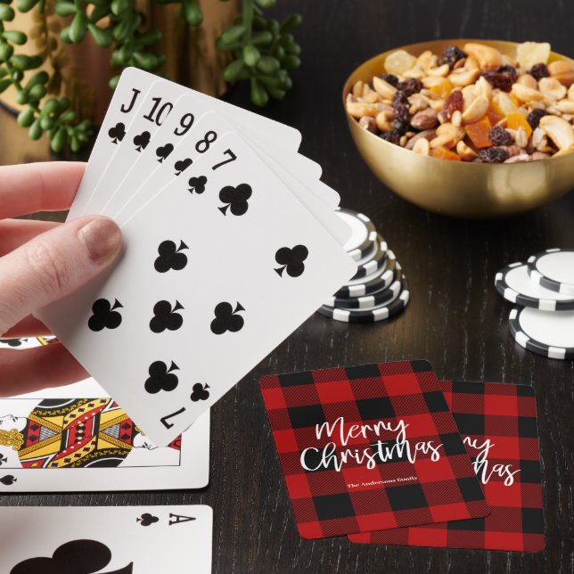 Red Buffalo Plaid & Merry Christmas |Personal Name Playing Cards (In Situ)