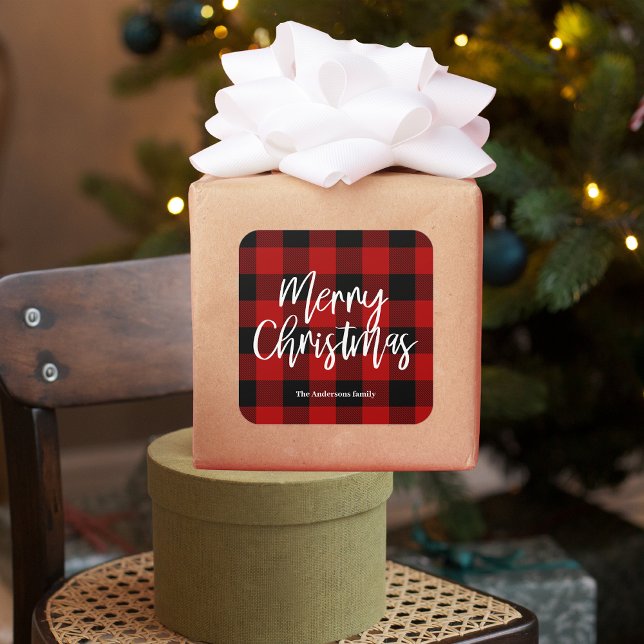 Red Buffalo Plaid & Merry Christmas |Personal Name Square Sticker (Creator Uploaded)