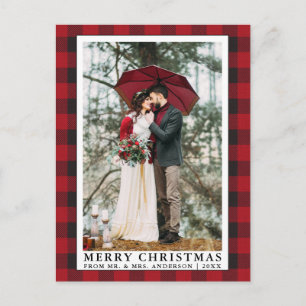 Red Buffalo Plaid Merry Christmas Wedding Photo Postcard