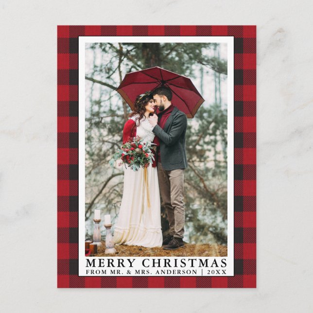 Red Buffalo Plaid Merry Christmas Wedding Photo Postcard (Front)