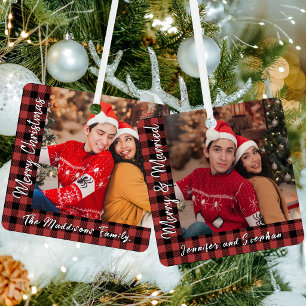 Red Buffalo Plaid Merry & Married Christmas Photo Metal Tree Decoration