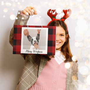 Red Buffalo Plaid & Merry Woofmas With Dog Photo Large Gift Bag