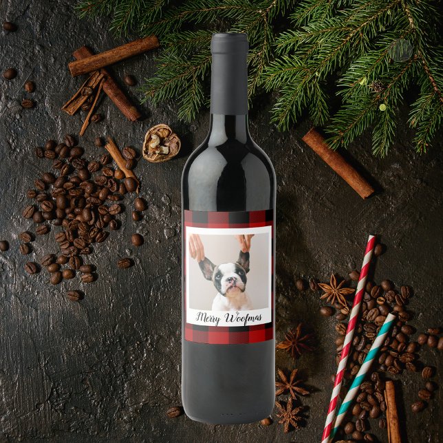 Red Buffalo Plaid & Merry Woofmas With Dog Photo Wine Label (Creator Uploaded)
