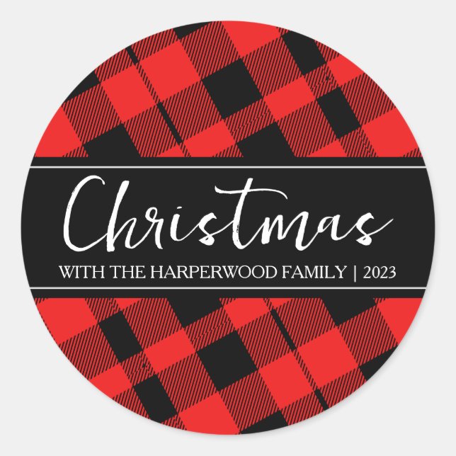 Red Buffalo Plaid Minimalist Christmas Family Name Classic Round Sticker (Front)
