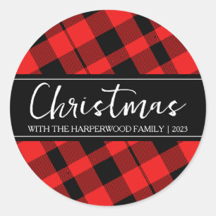 Red Buffalo Plaid Minimalist Christmas Family Name Classic Round Sticker