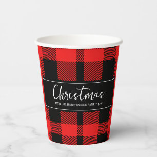 Red Buffalo Plaid Minimalist Christmas Family Name Paper Cups