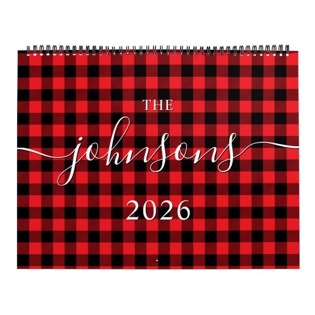 Red Buffalo Plaid Modern Script Name Photo Calendar (Cover)