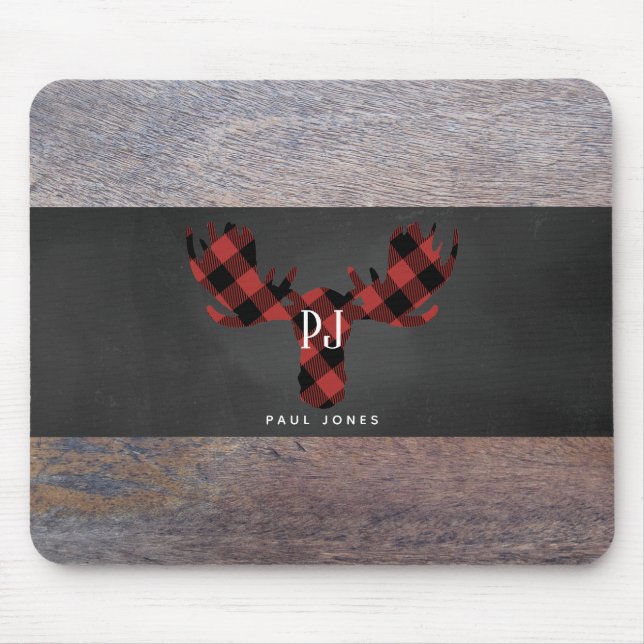 Red Buffalo Plaid Monogram Moose Head Mouse Mat (Front)