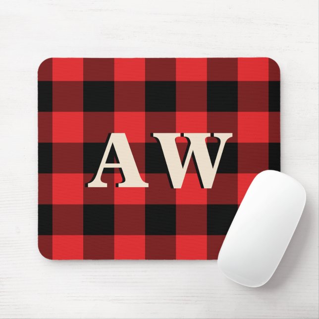 Red Buffalo Plaid Monogram Mouse Pad (With Mouse)