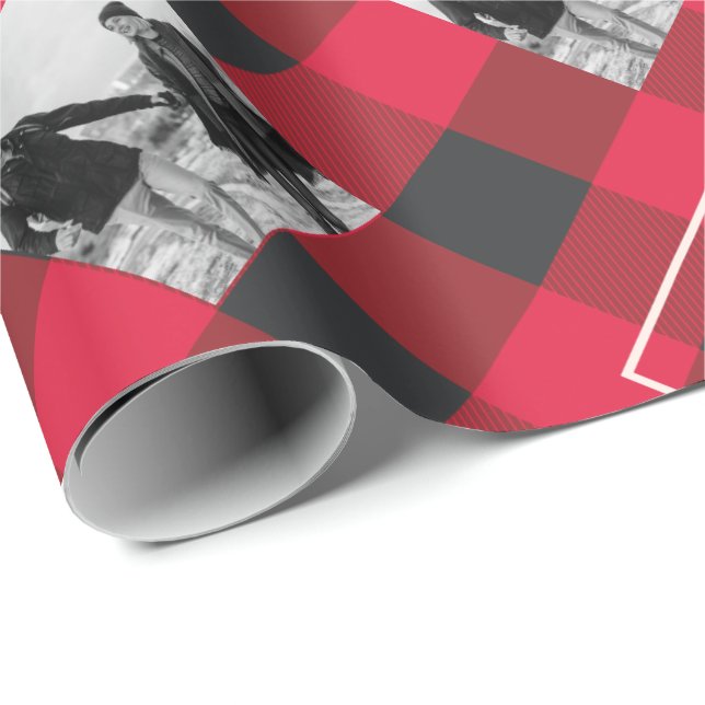 Red Buffalo Plaid | Monogram & Photos Christmas Wrapping Paper (Roll Corner)