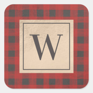 Red Buffalo Plaid Monogram Square Sticker