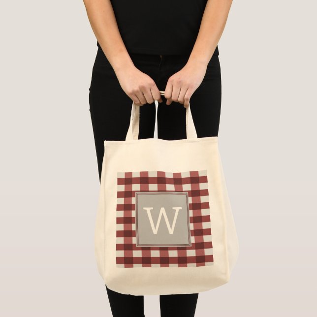 Red Buffalo Plaid Monogram Tote Bag (Front (Product))