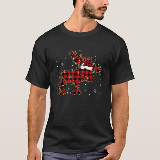 Red Buffalo Plaid Moose Santa Hat Christmas Tree L T-Shirt (Front)