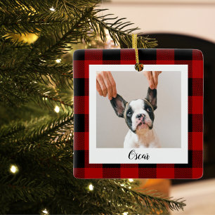 Red Buffalo Plaid &  Name And Dog Photo Ceramic Ornament