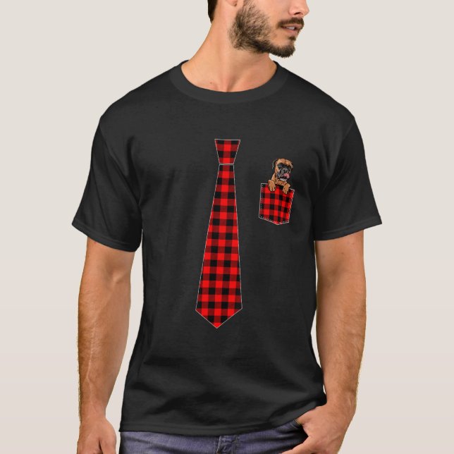 Red Buffalo Plaid Necktie and Boxer Dog In Pocket  T-Shirt (Front)