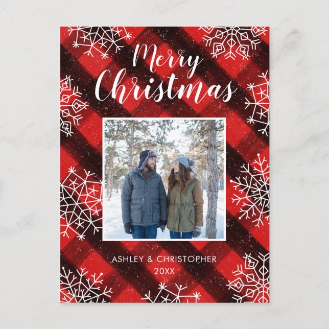 Red Buffalo Plaid Painted Tartan Christmas Photo Holiday Postcard (Front)