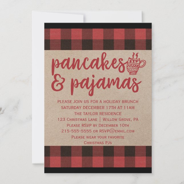 Red Buffalo Plaid Pancakes and Pyjamas Party Invitation (Front)
