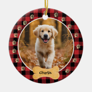 Red Buffalo Plaid Pattern Gold Pet Print Family Ceramic Tree Decoration
