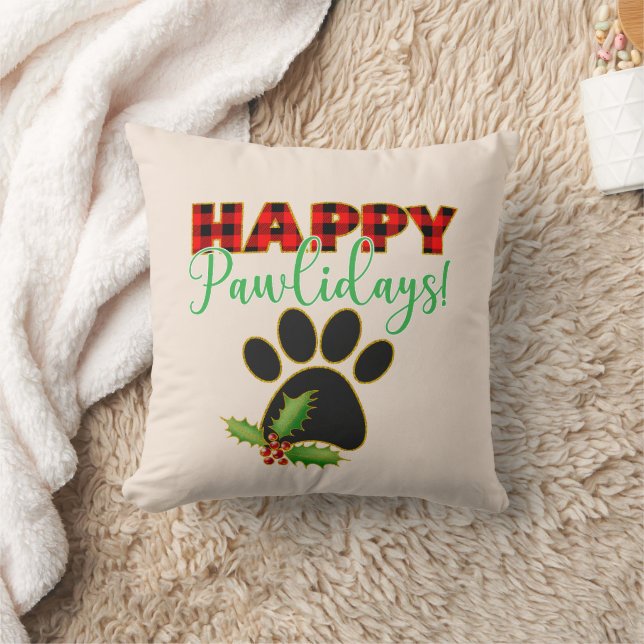 Red Buffalo Plaid Paw Print Christmas Cushion (Blanket)