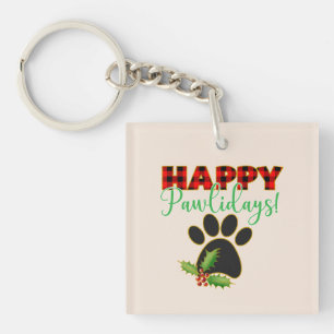 Red Buffalo Plaid Paw Print Christmas Key Ring