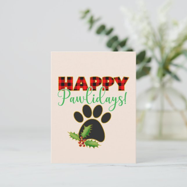 Red Buffalo Plaid Paw Print Christmas Postcard (Standing Front)