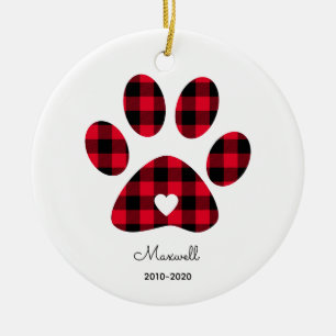 Red Buffalo Plaid Paw Print White Heart Ceramic Tree Decoration