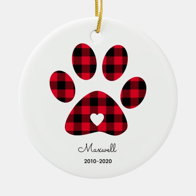 Red Buffalo Plaid Paw Print White Heart Ceramic Tree Decoration (Front)