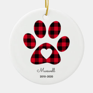 Red Buffalo Plaid Paw Print White Heart Ceramic Tree Decoration