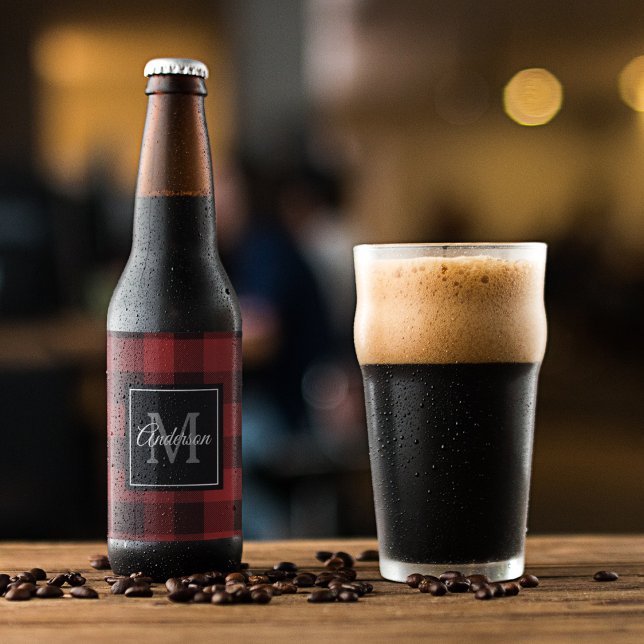 Red Buffalo Plaid | Personal Initial | Gift Beer Bottle Label (Creator Uploaded)