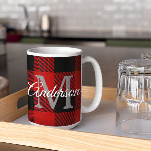 Red Buffalo Plaid   Personal Initial   Gift Coffee Mug