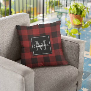 Red Buffalo Plaid   Personal Initial   Gift Cushion