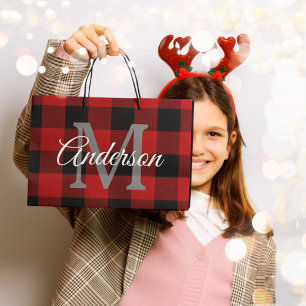 Red Buffalo Plaid Personal Initial Gift Large Gift Bag