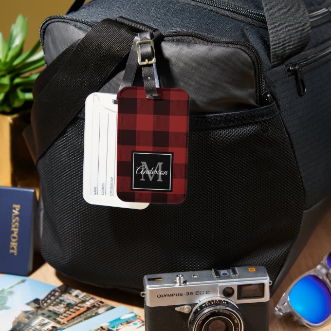 Red Buffalo Plaid | Personal Initial | Gift Luggage Tag (Front & Back)