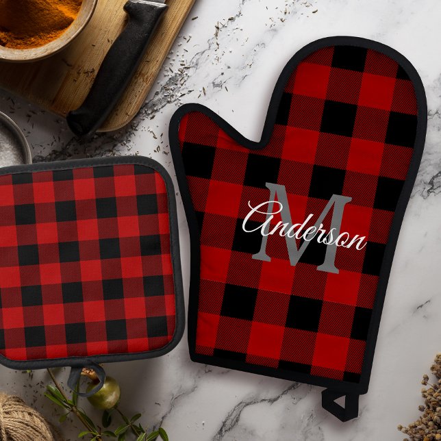 Red Buffalo Plaid | Personal Initial | Gift Oven Mitt & Pot Holder Set (Creator Uploaded)