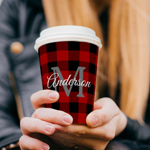Red Buffalo Plaid Personal Initial Gift Paper Cups