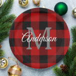 Red Buffalo Plaid | Personal Initial | Gift Paper Plate<br><div class="desc">Red Buffalo Plaid | Personal Initial | Gift</div>