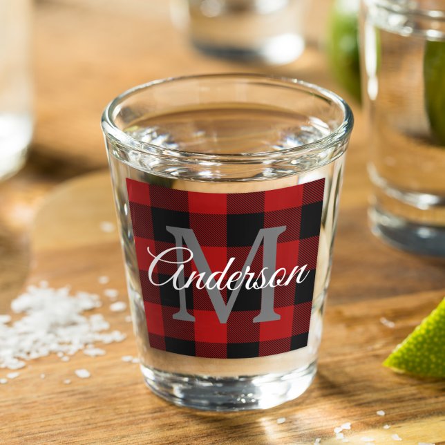 Red Buffalo Plaid | Personal Initial | Gift Shot Glass (Creator Uploaded)
