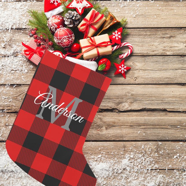 Red Buffalo Plaid | Personal Initial | Gift Small Christmas Stocking (Creator Uploaded)