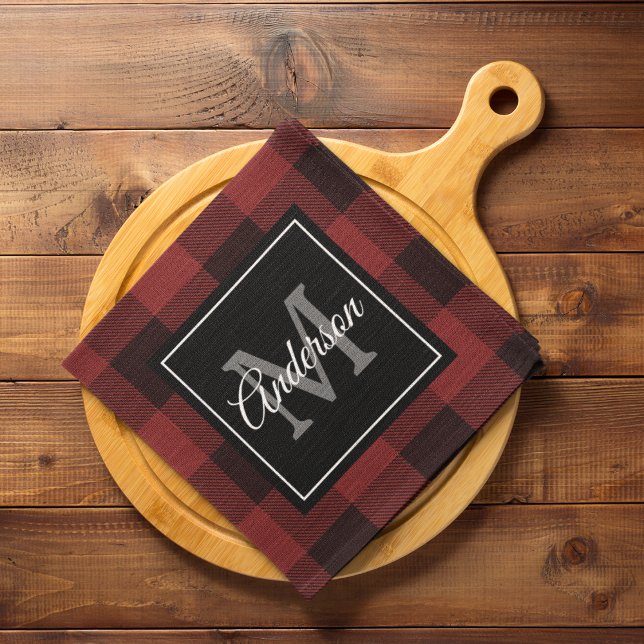 Red Buffalo Plaid | Personal Initial | Gift Tea Towel (Creator Uploaded)