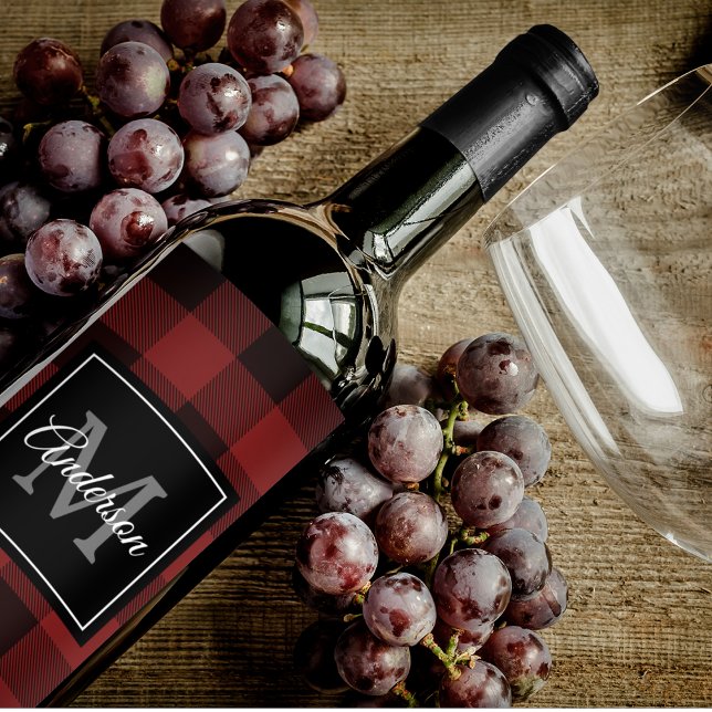 Red Buffalo Plaid | Personal Initial | Gift Wine Label (Creator Uploaded)