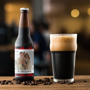 Red Buffalo Plaid & Personal Name And Photo Beer Bottle Label