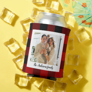 Red Buffalo Plaid & Personal Name And Photo Can Cooler