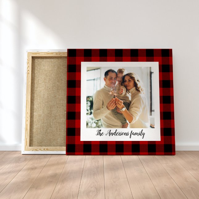Red Buffalo Plaid & Personal Name And Photo Canvas Print (Creator Uploaded)