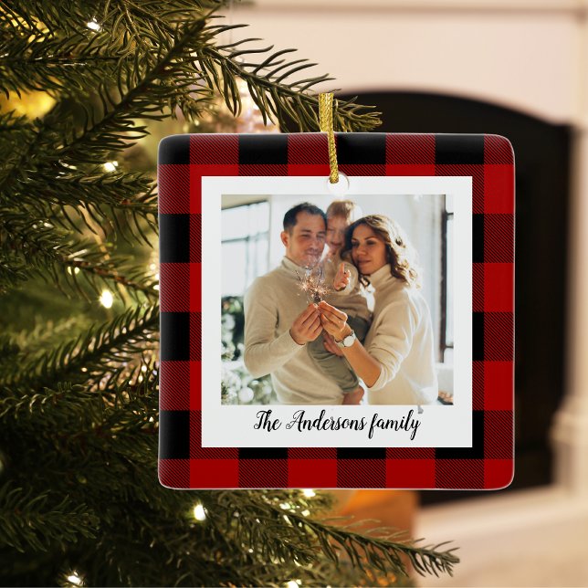 Red Buffalo Plaid & Personal Name And Photo Ceramic Ornament (Creator Uploaded)