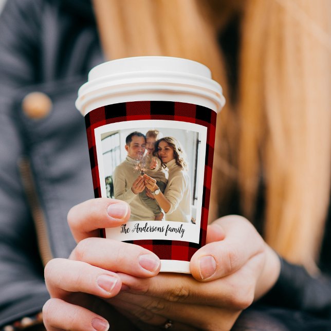 Red Buffalo Plaid & Personal Name And Photo Paper Cups (Creator Uploaded)